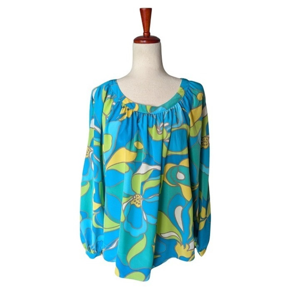 Alice & Trixie Small Silk Blouse Blue Green Psychedelic Floral Long Sleeve